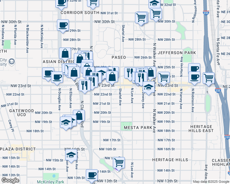 map of restaurants, bars, coffee shops, grocery stores, and more near 907 Northwest 23rd Street in Oklahoma City