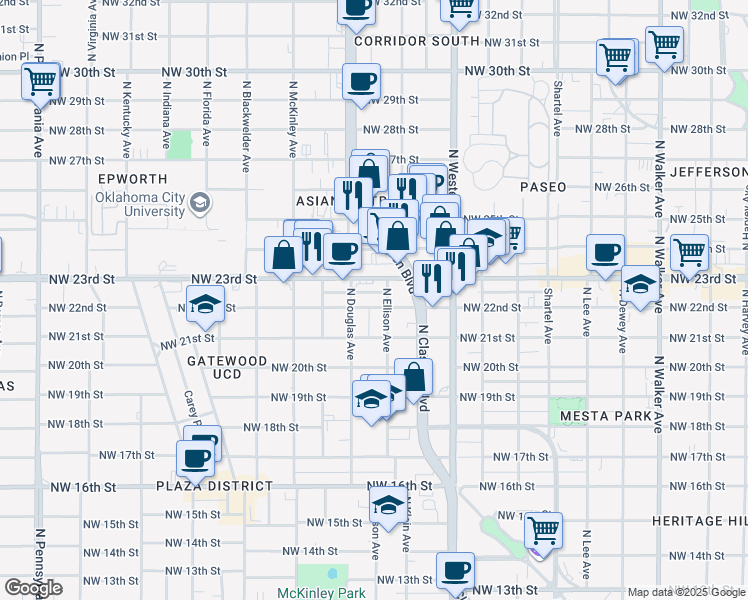 map of restaurants, bars, coffee shops, grocery stores, and more near 1304 Northwest 23rd Street in Oklahoma City