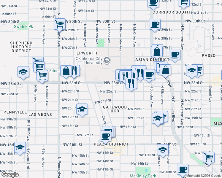 map of restaurants, bars, coffee shops, grocery stores, and more near 1808 Northwest 23rd Street in Oklahoma City