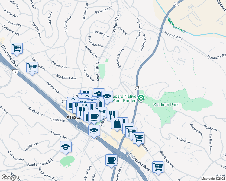 map of restaurants, bars, coffee shops, grocery stores, and more near 5601 West Mall in Atascadero