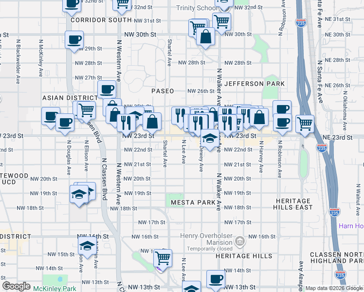 map of restaurants, bars, coffee shops, grocery stores, and more near 630 Northwest 23rd Street in Oklahoma City