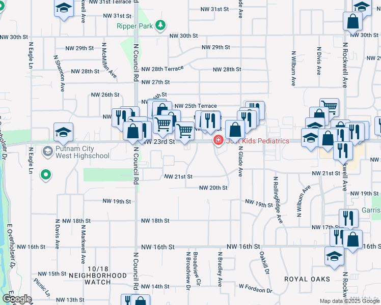 map of restaurants, bars, coffee shops, grocery stores, and more near 7706 NW 23rd St in Bethany