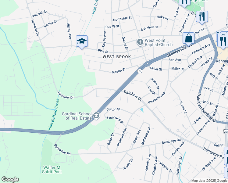 map of restaurants, bars, coffee shops, grocery stores, and more near 1335 Rainbow Drive in Kannapolis