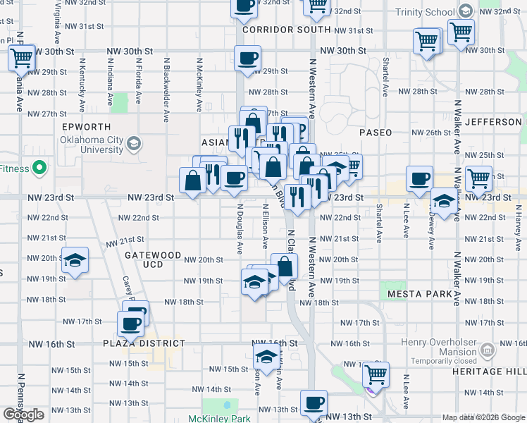 map of restaurants, bars, coffee shops, grocery stores, and more near 1304 Northwest 23rd Street in Oklahoma City