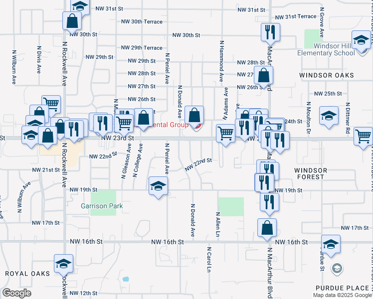 map of restaurants, bars, coffee shops, grocery stores, and more near 6400 Northwest 23rd Street in Bethany