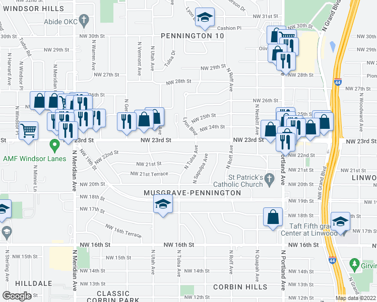 map of restaurants, bars, coffee shops, grocery stores, and more near 4109 Northwest 22nd Street in Oklahoma City