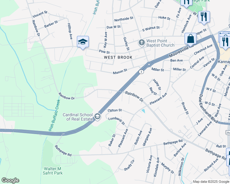 map of restaurants, bars, coffee shops, grocery stores, and more near 1335 Rainbow Drive in Kannapolis