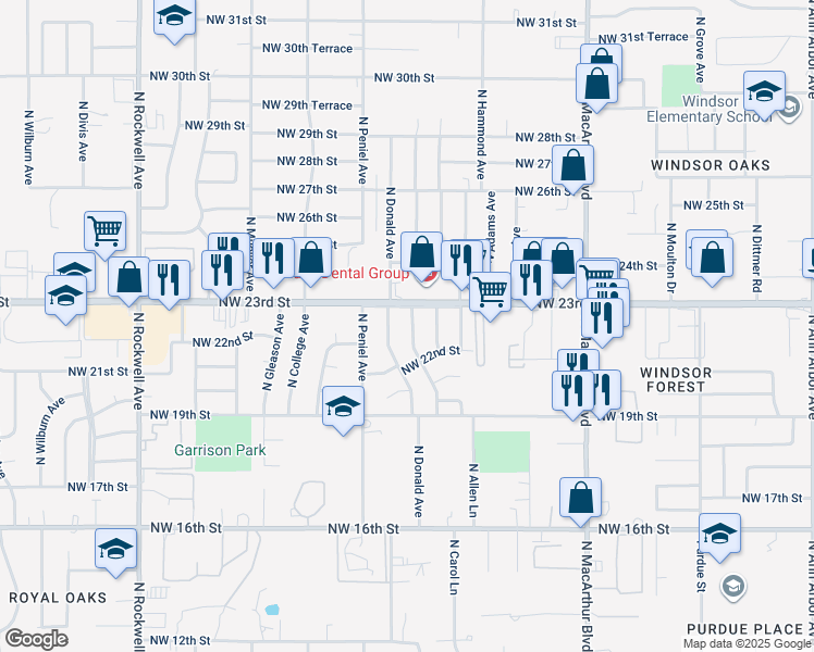 map of restaurants, bars, coffee shops, grocery stores, and more near 6400 Northwest 23rd Street in Bethany