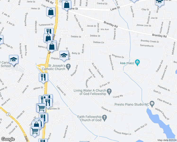 map of restaurants, bars, coffee shops, grocery stores, and more near 143 Waco Avenue in Kannapolis