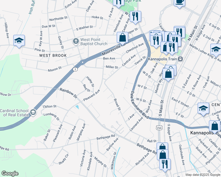 map of restaurants, bars, coffee shops, grocery stores, and more near 726 Broad Street in Kannapolis