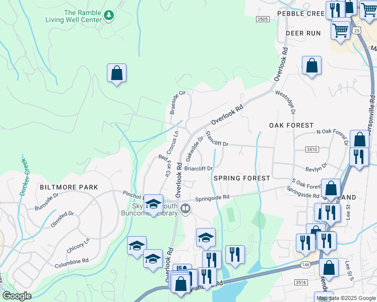 map of restaurants, bars, coffee shops, grocery stores, and more near 206 Crocus Lane in Asheville
