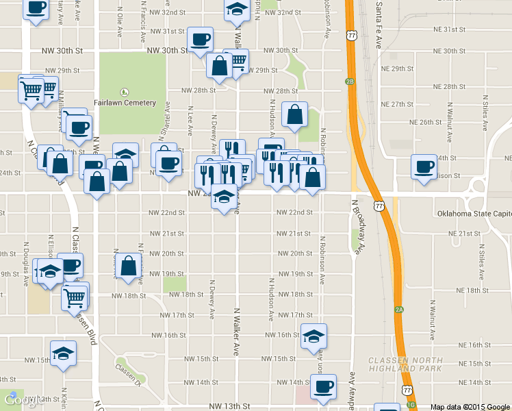 map of restaurants, bars, coffee shops, grocery stores, and more near 412 Northwest 23rd Street in Oklahoma City