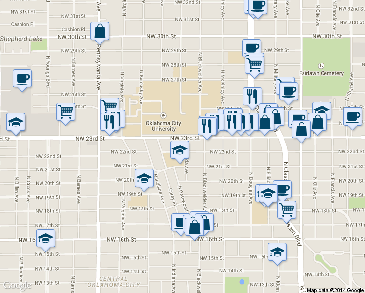 map of restaurants, bars, coffee shops, grocery stores, and more near 1808 Northwest 23rd Street in Oklahoma City