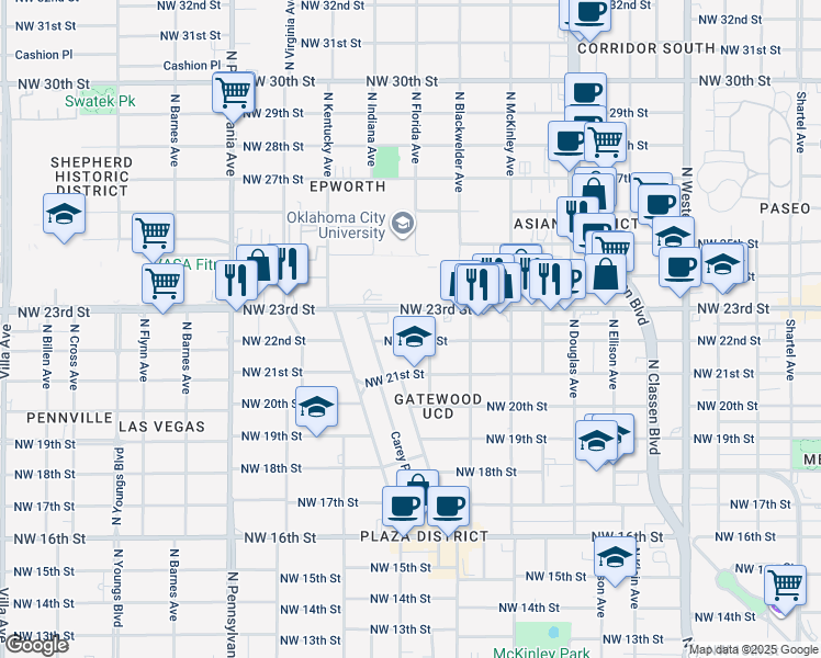 map of restaurants, bars, coffee shops, grocery stores, and more near 1808 Northwest 23rd Street in Oklahoma City