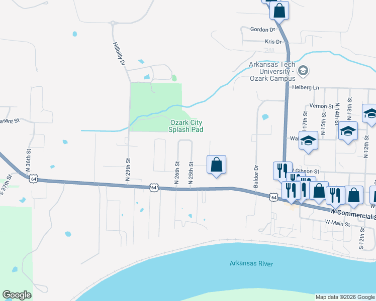 map of restaurants, bars, coffee shops, grocery stores, and more near 313 North 25th Street in Ozark