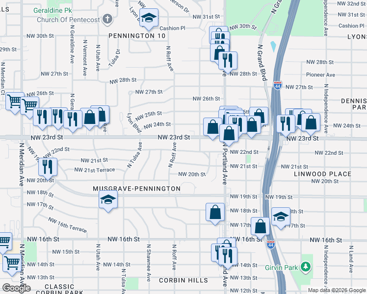 map of restaurants, bars, coffee shops, grocery stores, and more near 3828 Northwest 23rd Street in Oklahoma City