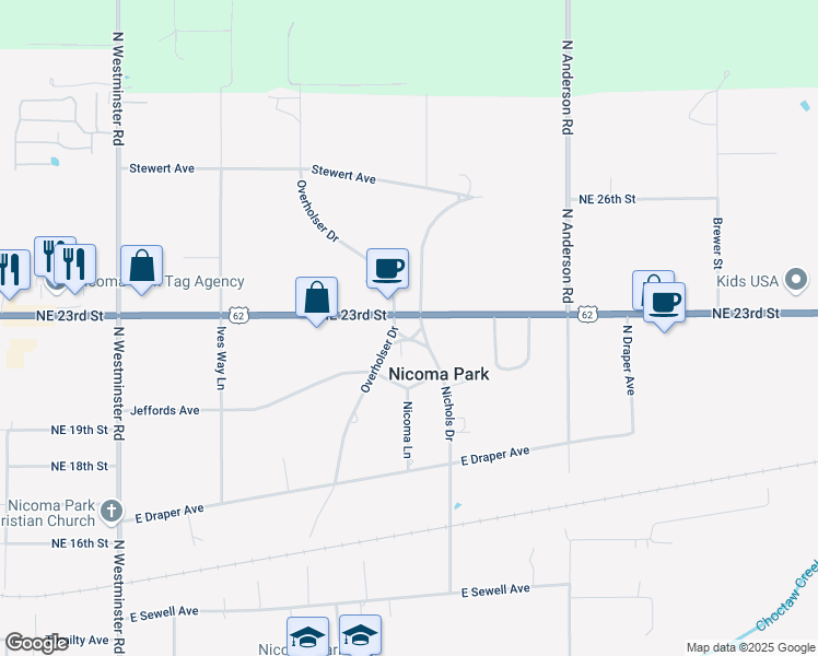 map of restaurants, bars, coffee shops, grocery stores, and more near 2301 Nichols Drive in Choctaw