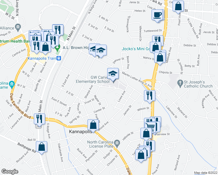 map of restaurants, bars, coffee shops, grocery stores, and more near 522 East C Street in Kannapolis