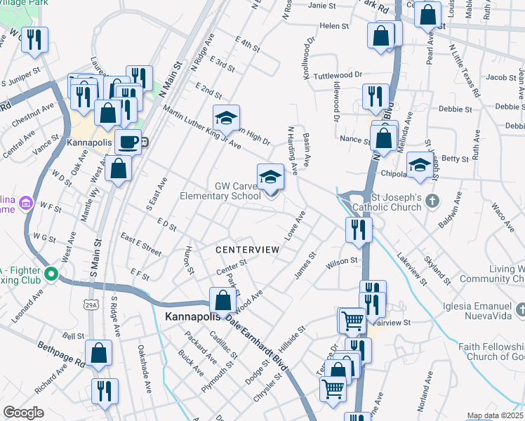 map of restaurants, bars, coffee shops, grocery stores, and more near 524 East C Street in Kannapolis