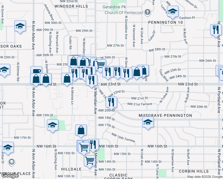 map of restaurants, bars, coffee shops, grocery stores, and more near 4336 Northwest 23rd Street in Oklahoma City