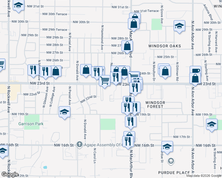 map of restaurants, bars, coffee shops, grocery stores, and more near 5956 Northwest 23rd Street in Oklahoma City