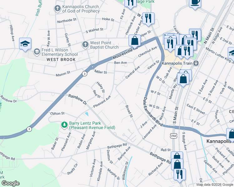 map of restaurants, bars, coffee shops, grocery stores, and more near 726 Broad Street in Kannapolis