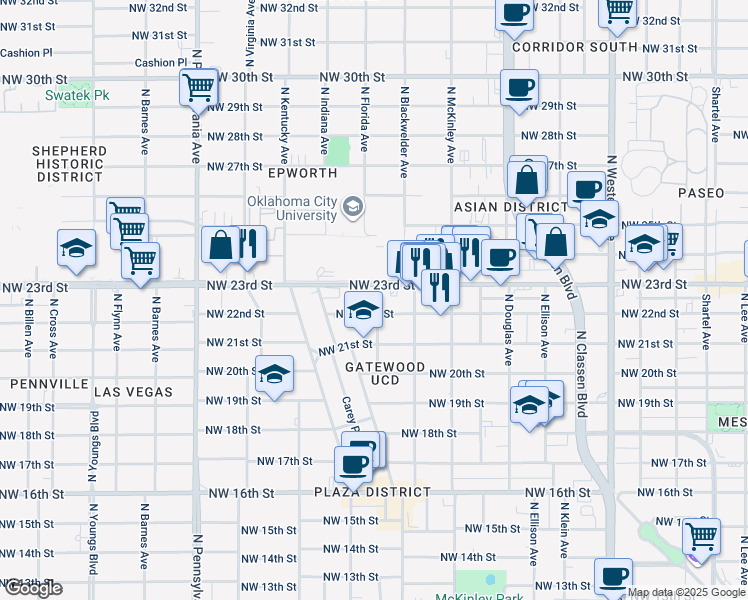 map of restaurants, bars, coffee shops, grocery stores, and more near 1808 Northwest 23rd Street in Oklahoma City