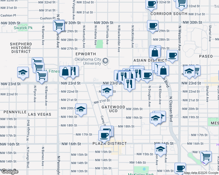 map of restaurants, bars, coffee shops, grocery stores, and more near 1808 Northwest 23rd Street in Oklahoma City