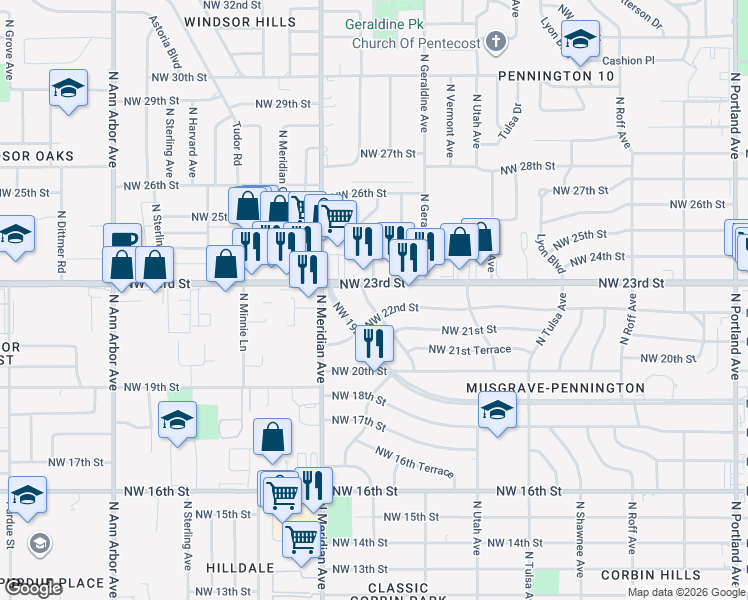 map of restaurants, bars, coffee shops, grocery stores, and more near 4336 Northwest 23rd Street in Oklahoma City