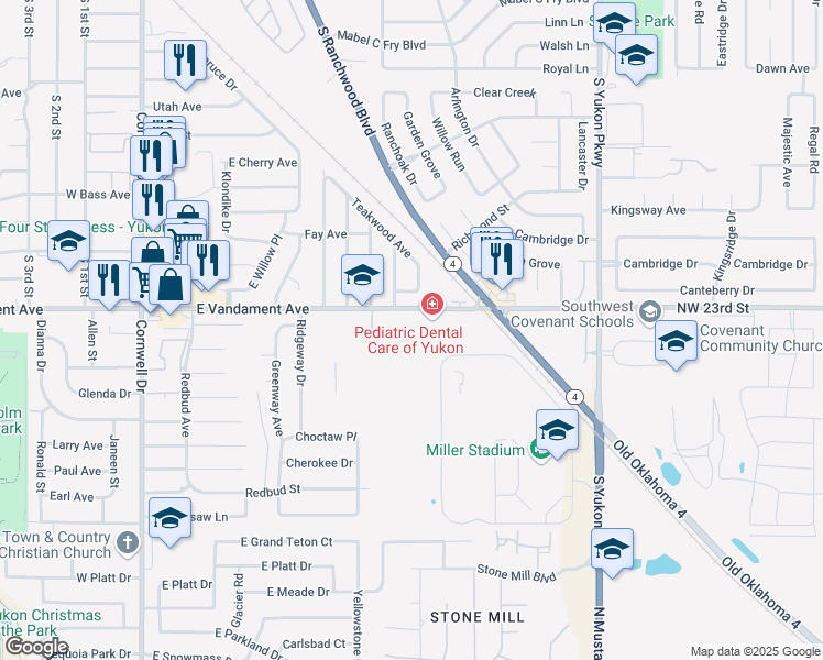 map of restaurants, bars, coffee shops, grocery stores, and more near 900 East Vandament Avenue in Yukon