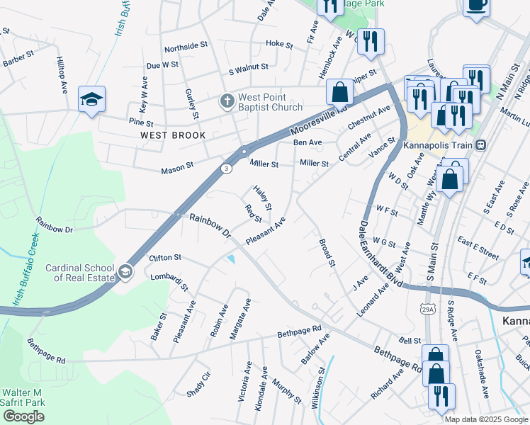 map of restaurants, bars, coffee shops, grocery stores, and more near 909 Haley Street in Kannapolis