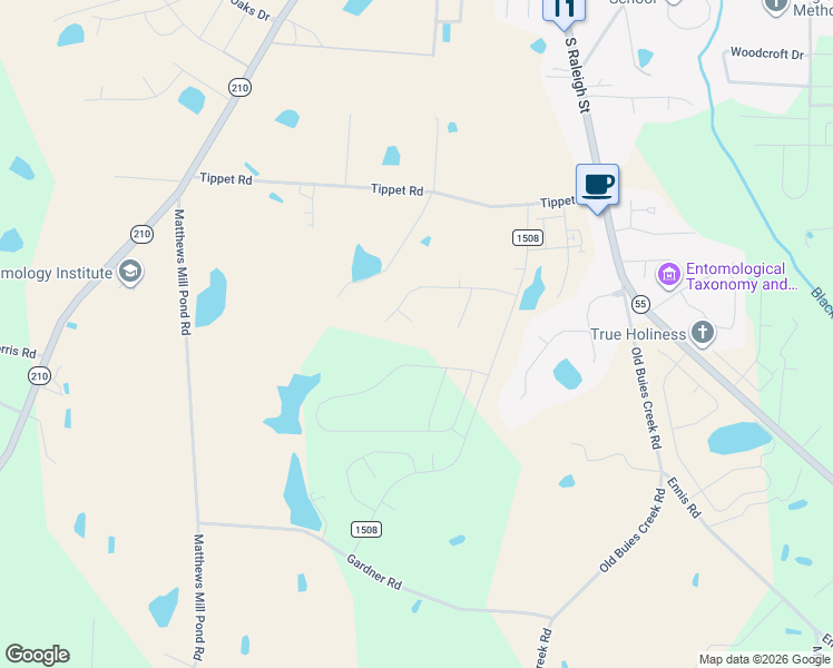 map of restaurants, bars, coffee shops, grocery stores, and more near 40 Fairfield Court in Angier