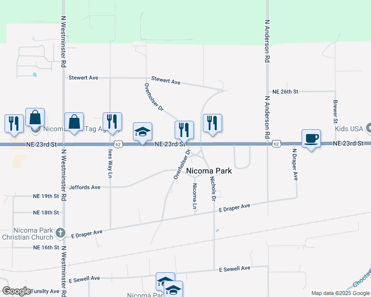 map of restaurants, bars, coffee shops, grocery stores, and more near 2301 Nichols Drive in Choctaw