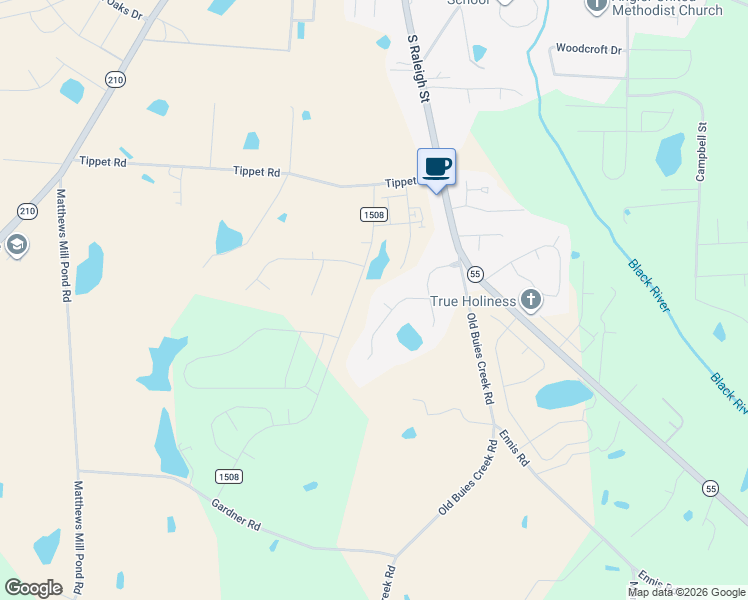 map of restaurants, bars, coffee shops, grocery stores, and more near 31 Brookneal Cir in Angier
