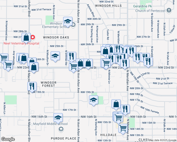 map of restaurants, bars, coffee shops, grocery stores, and more near 4800 Northwest 23rd Street in Oklahoma City