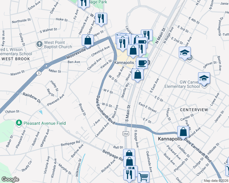 map of restaurants, bars, coffee shops, grocery stores, and more near 161 West D Street in Kannapolis