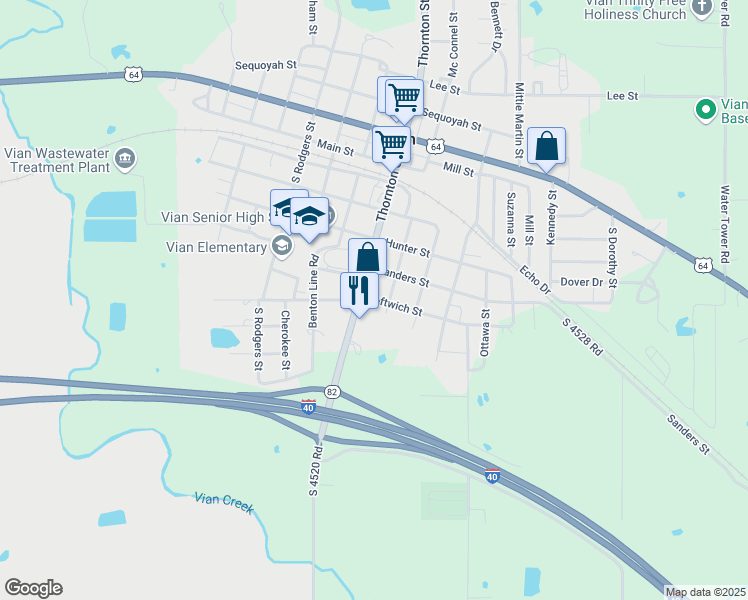 map of restaurants, bars, coffee shops, grocery stores, and more near 720 Thornton Street in Vian