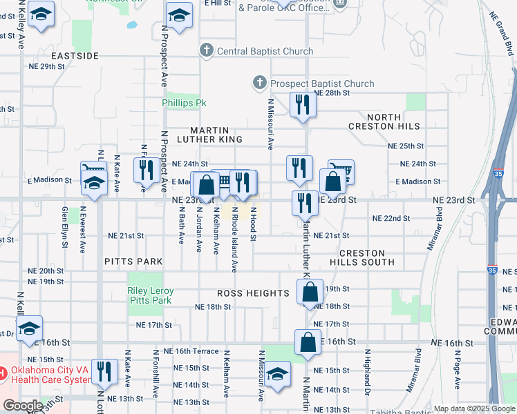map of restaurants, bars, coffee shops, grocery stores, and more near 1800 Northeast 23rd Street in Oklahoma City