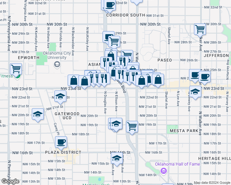 map of restaurants, bars, coffee shops, grocery stores, and more near 1304 Northwest 23rd Street in Oklahoma City