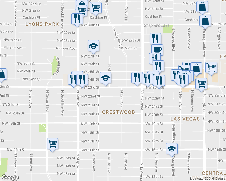 map of restaurants, bars, coffee shops, grocery stores, and more near 2712 Northwest 23rd Street in Oklahoma City