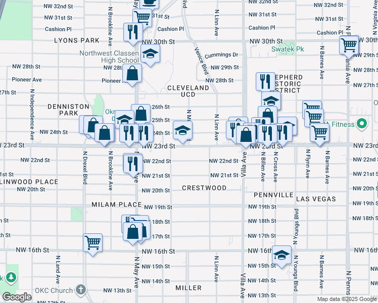 map of restaurants, bars, coffee shops, grocery stores, and more near 2740 Northwest 23rd Street in Oklahoma City