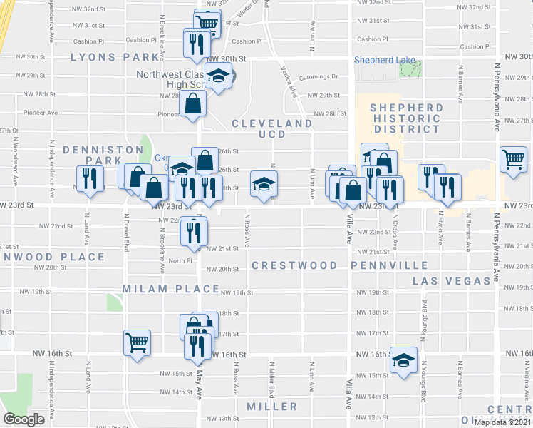 map of restaurants, bars, coffee shops, grocery stores, and more near 2740 Northwest 23rd Street in Oklahoma City