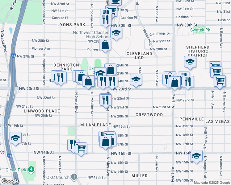 map of restaurants, bars, coffee shops, grocery stores, and more near 2836 Northwest 23rd Street in Oklahoma City