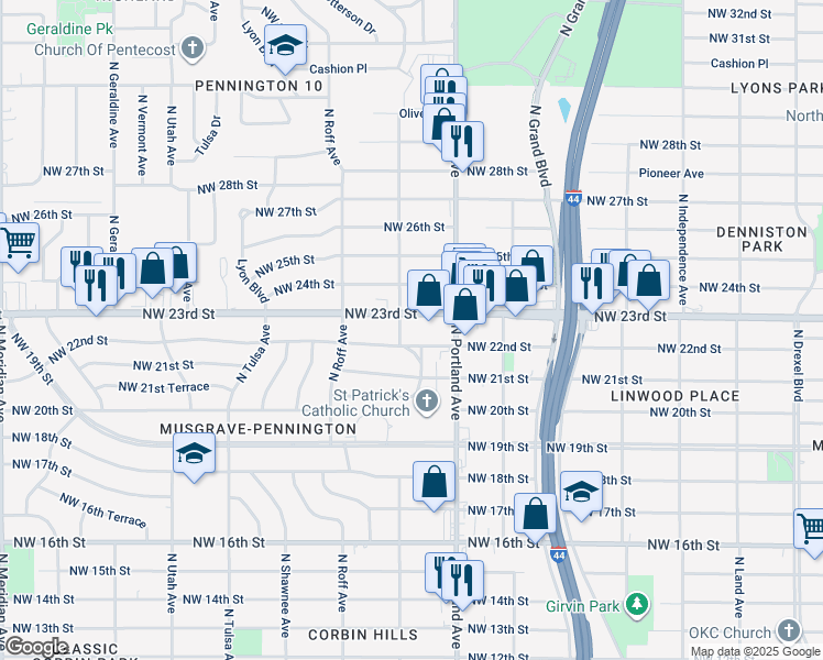 map of restaurants, bars, coffee shops, grocery stores, and more near 3800 Northwest 23rd Street in Oklahoma City