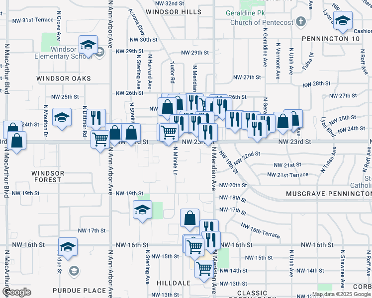 map of restaurants, bars, coffee shops, grocery stores, and more near 4700 Northwest 23rd Street in Oklahoma City