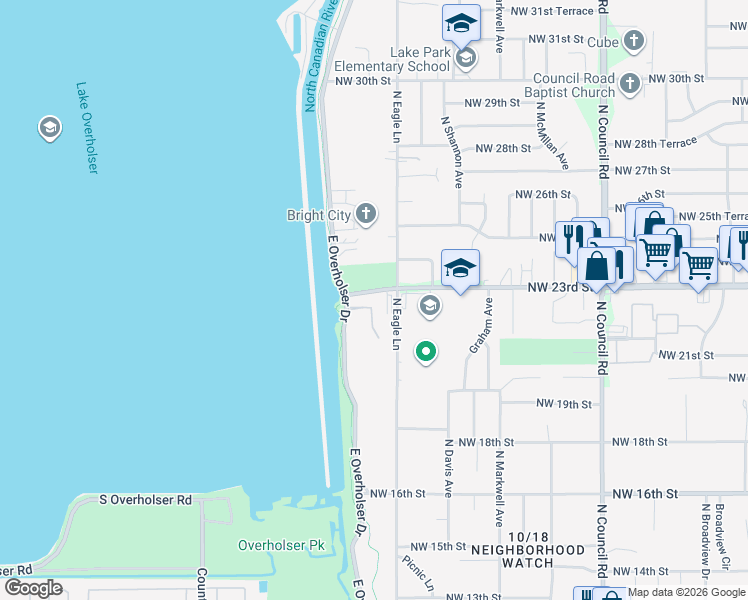 map of restaurants, bars, coffee shops, grocery stores, and more near 2308 Overholser Court in Oklahoma City