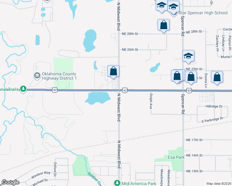 map of restaurants, bars, coffee shops, grocery stores, and more near in Spencer
