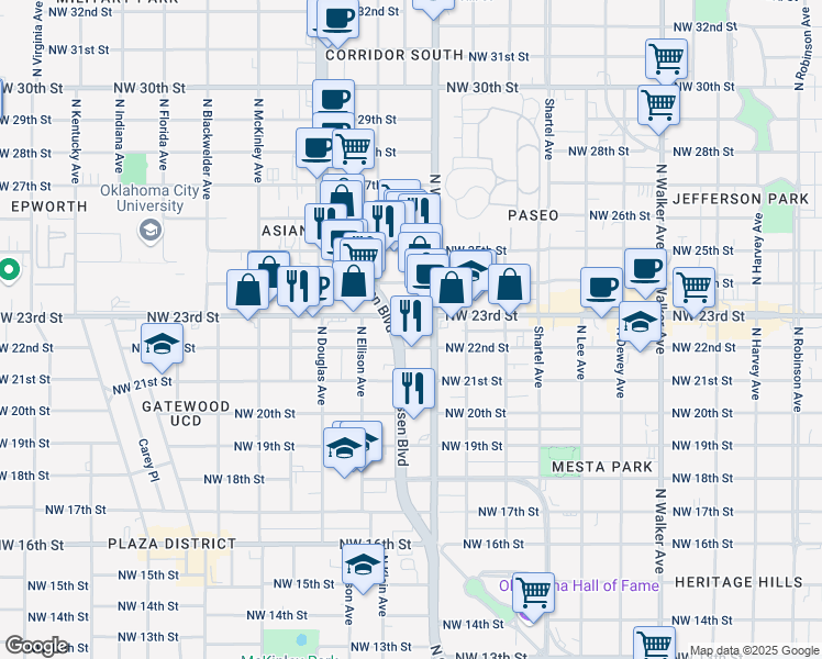 map of restaurants, bars, coffee shops, grocery stores, and more near in Oklahoma City
