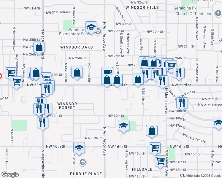 map of restaurants, bars, coffee shops, grocery stores, and more near 4838 Northwest 23rd Street in Oklahoma City