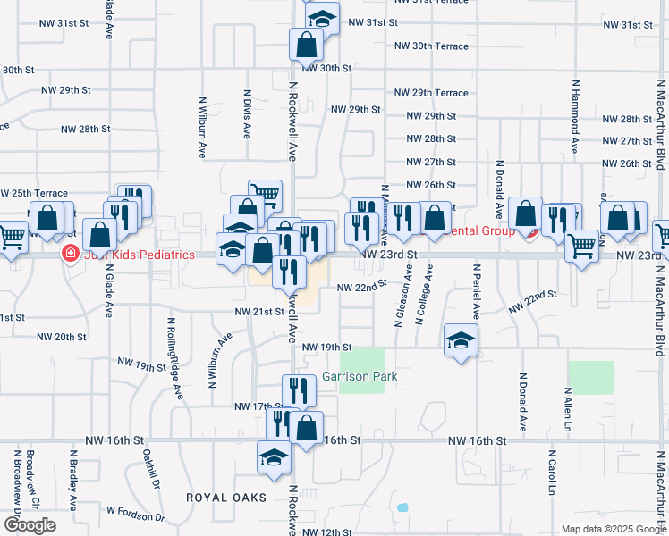 map of restaurants, bars, coffee shops, grocery stores, and more near 6912 Northwest 23rd Street in Bethany